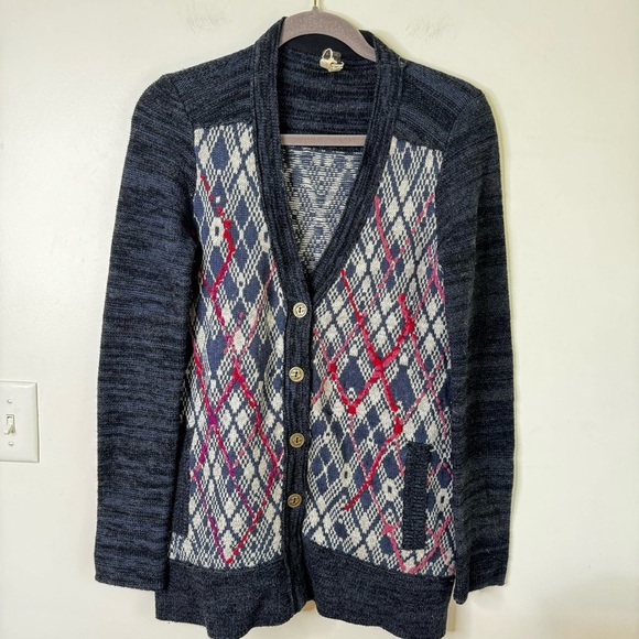 Free People Foxtrot button front wool oversized Cardigan grandpa Navy Multi - Picture 2 of 9